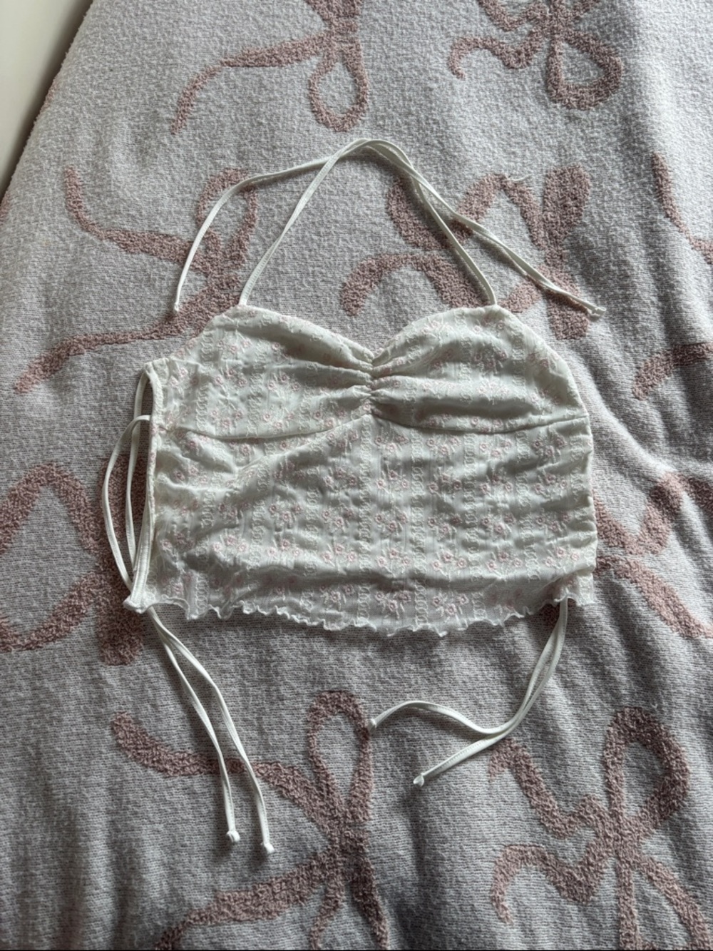 Garage White Eyelet Halter Crop Top with Pink Embroidery